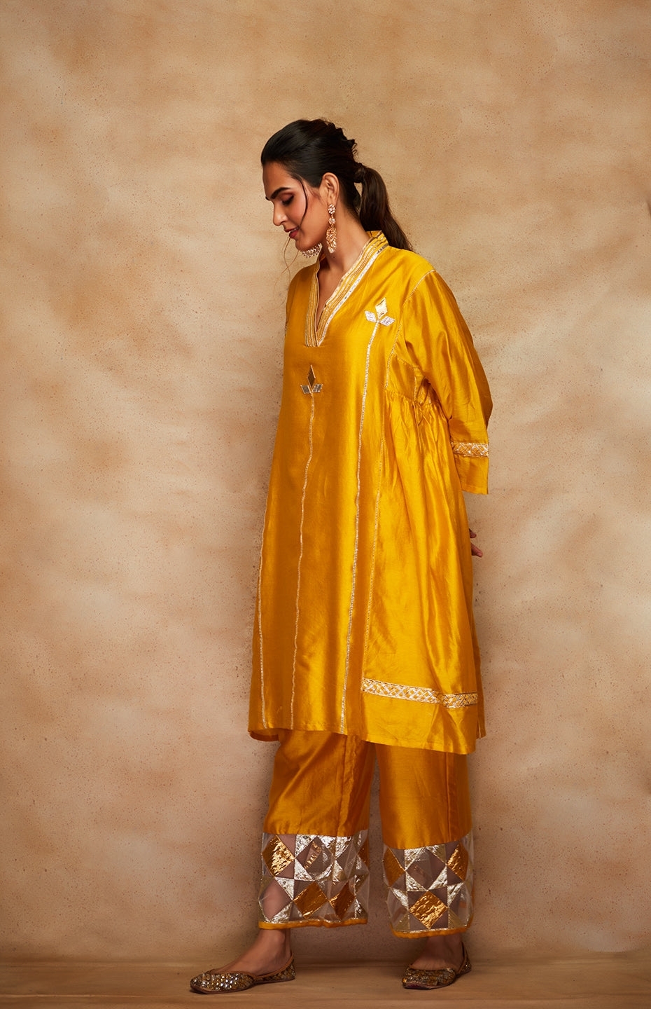 Mustard Chanderi Silk Gota Memoni