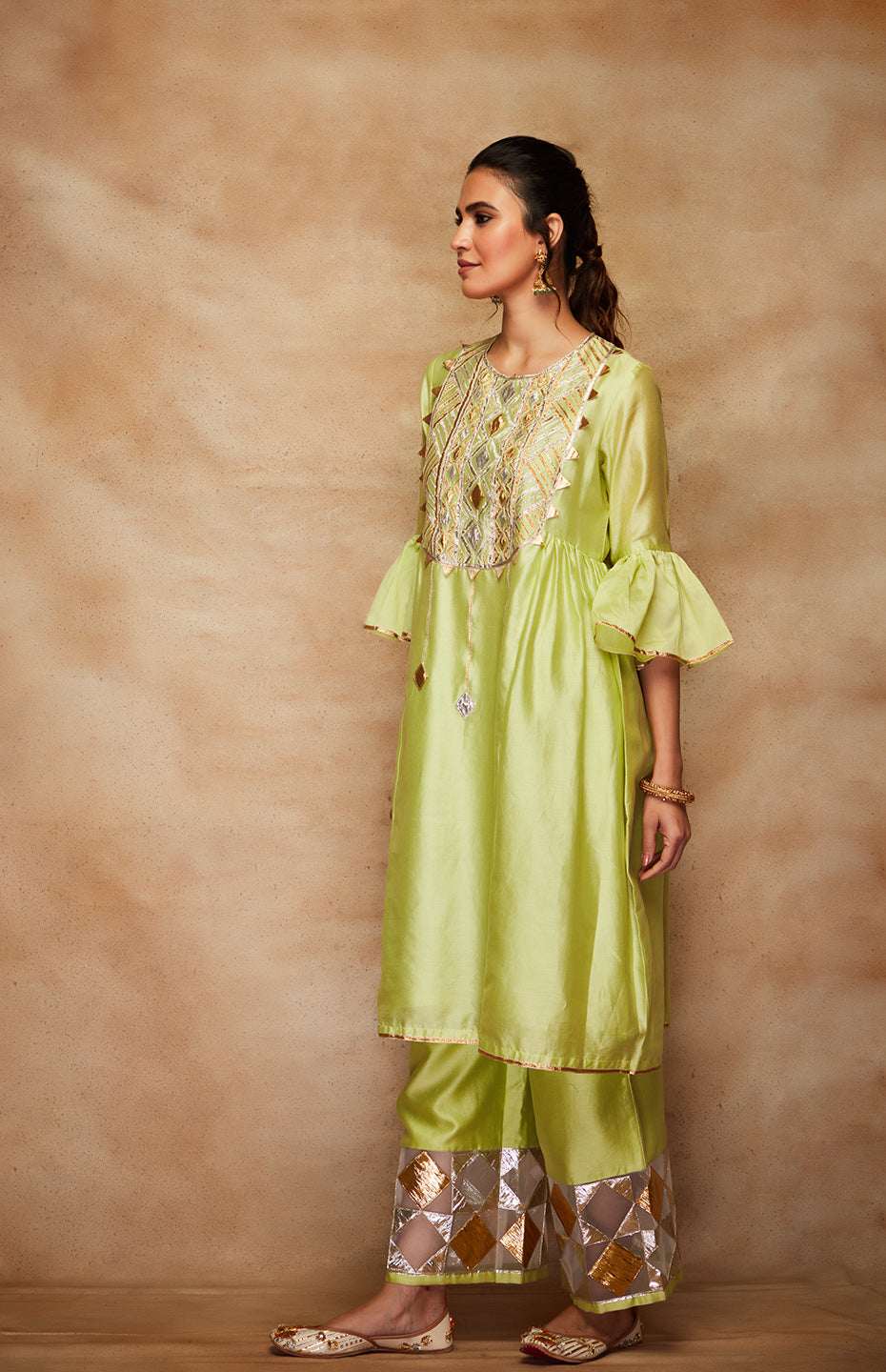 Pista Green Chanderi Silk Gota Memoni
