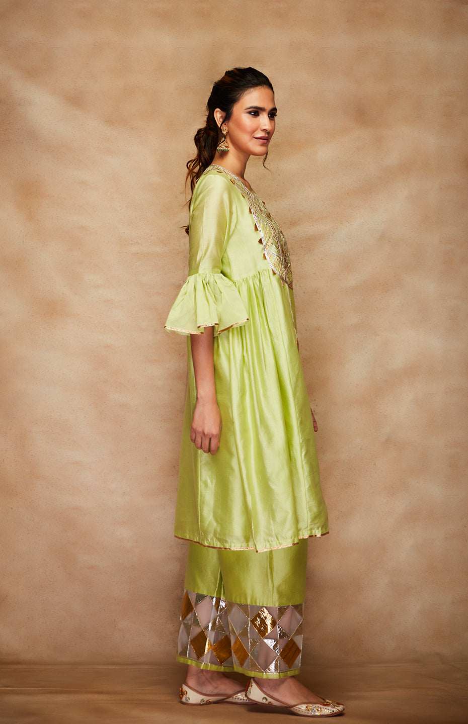 Pista Green Chanderi Silk Gota Memoni