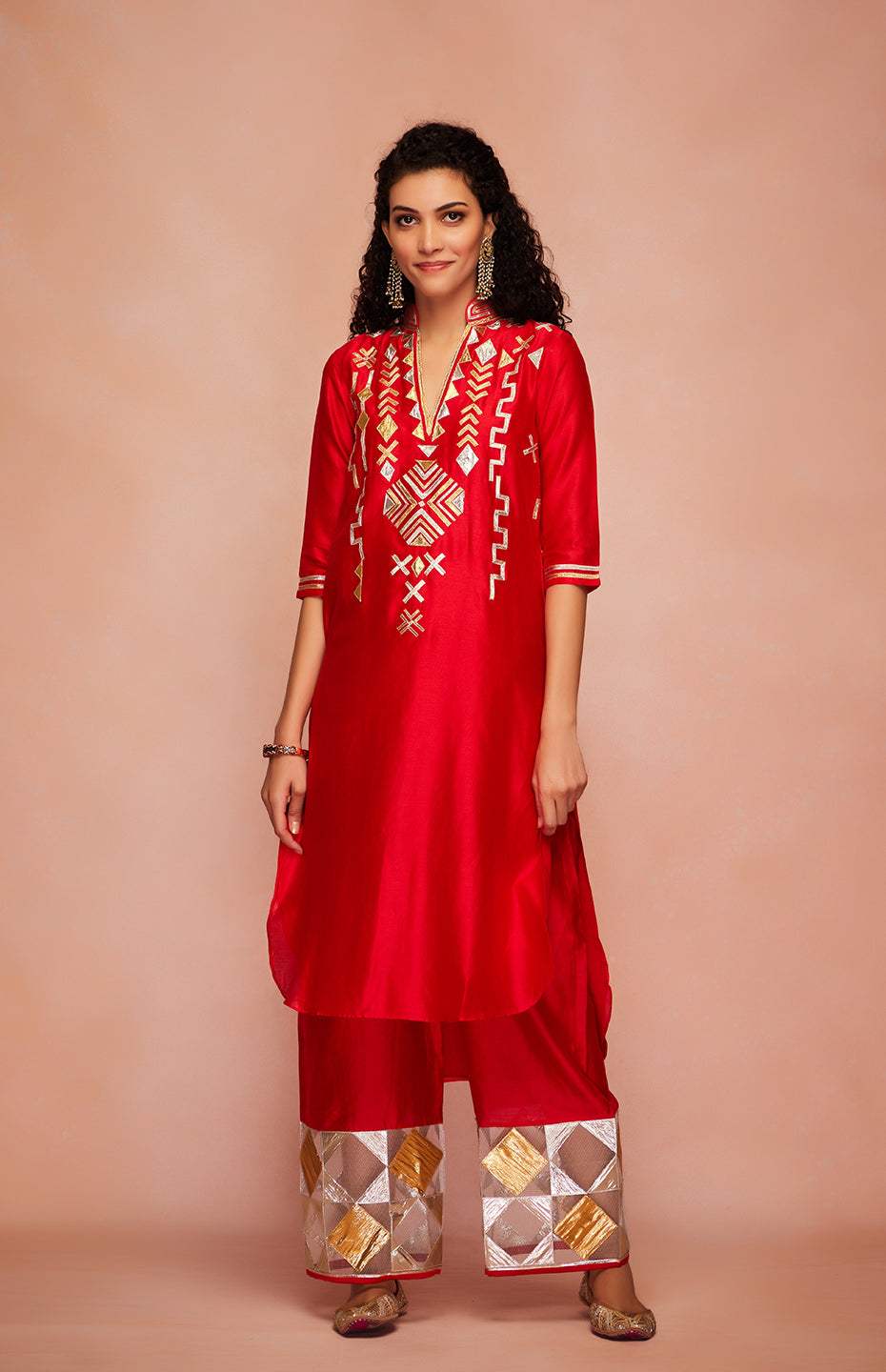 Red Chanderi Silk Gota Memoni