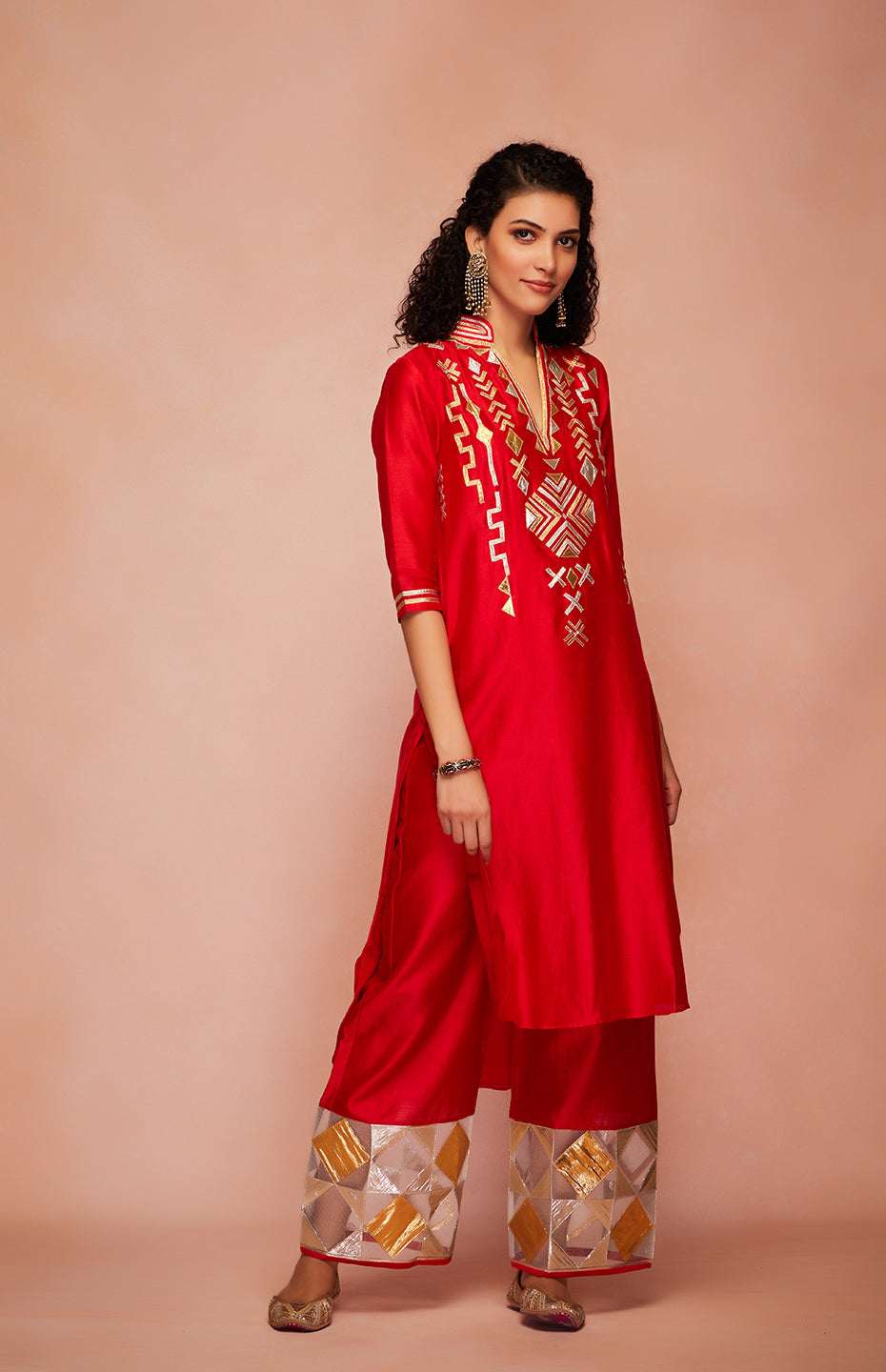 Red Chanderi Silk Gota Memoni