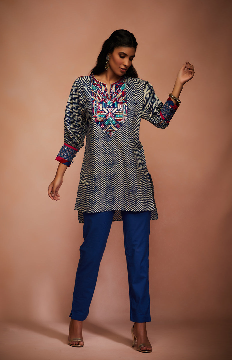 Blue Mirror Tribal Short Kurti