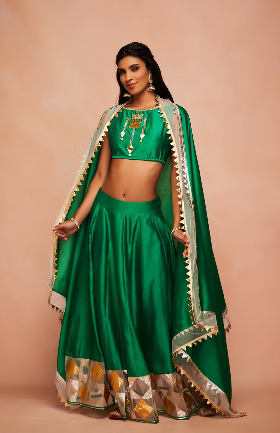 Green Chanderi Silk Gota Ghaghara