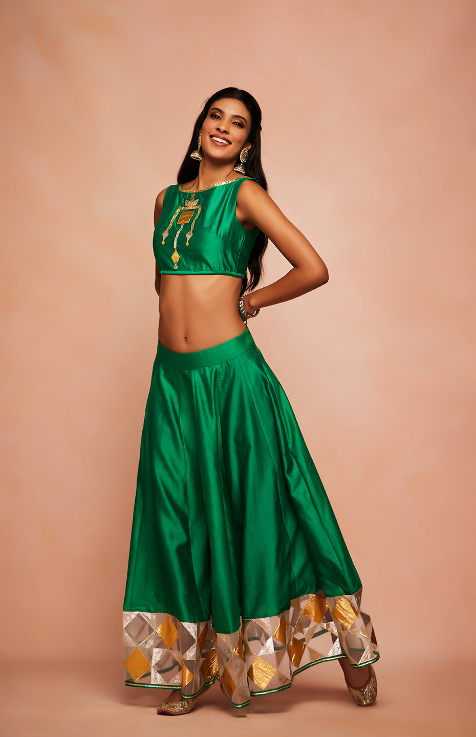 Green Chanderi Silk Gota Ghaghara