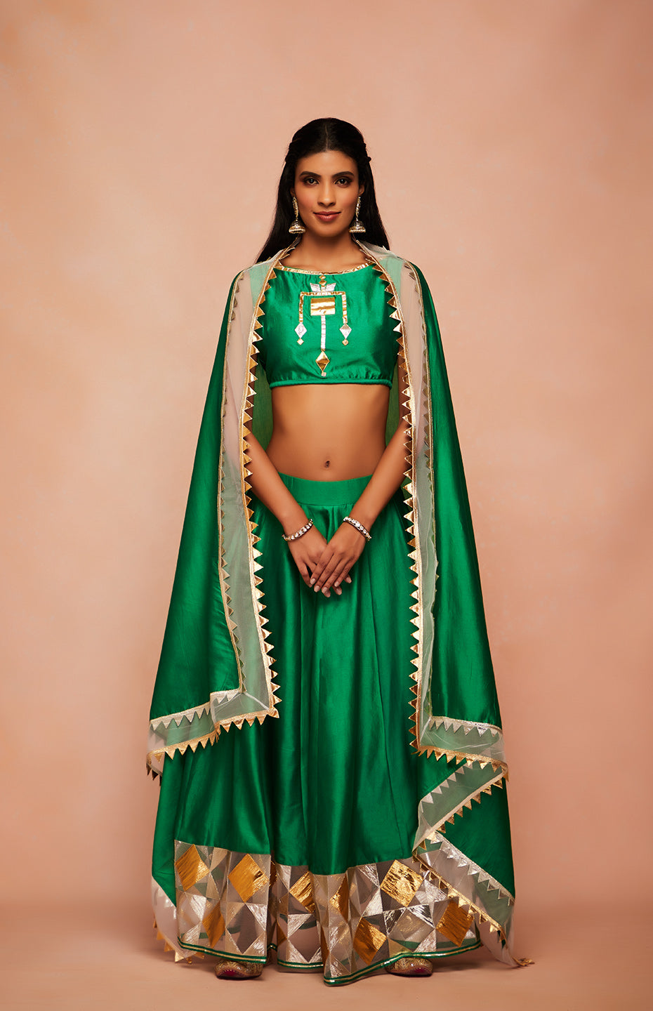 Green Chanderi Silk Gota Ghaghara