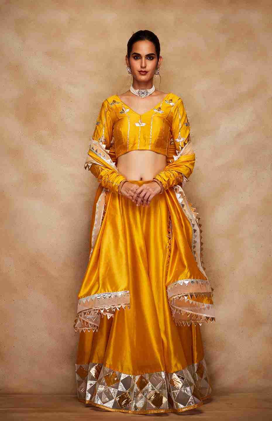 Mustard Chanderi Silk Gota Ghaghara