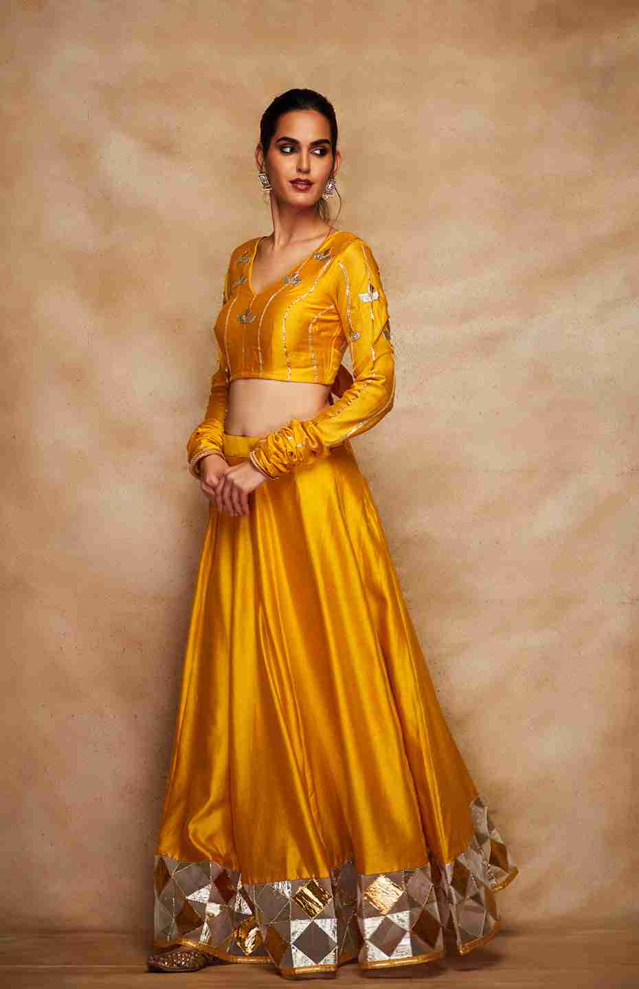 Mustard Chanderi Silk Gota Ghaghara