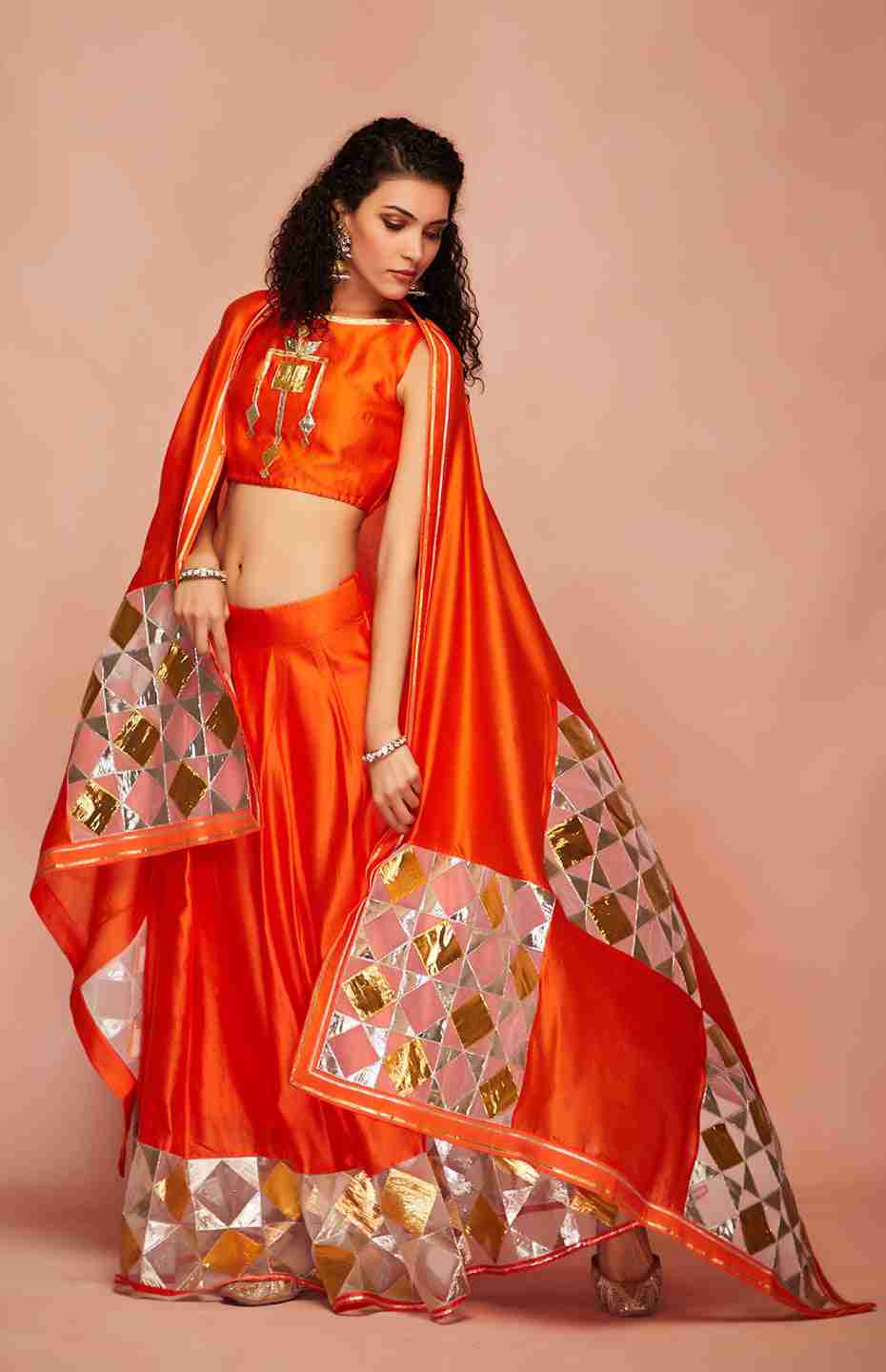 Orange Chanderi Silk Gota Ghaghara