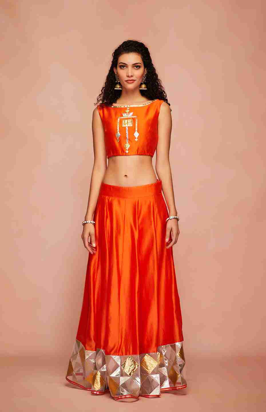 Orange Chanderi Silk Gota Ghaghara