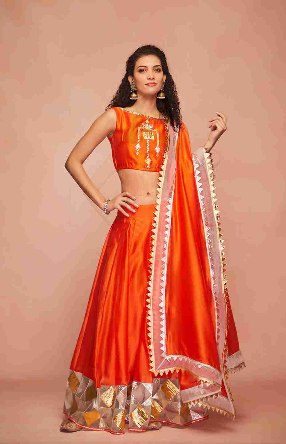 Orange Chanderi Silk Gota Ghaghara