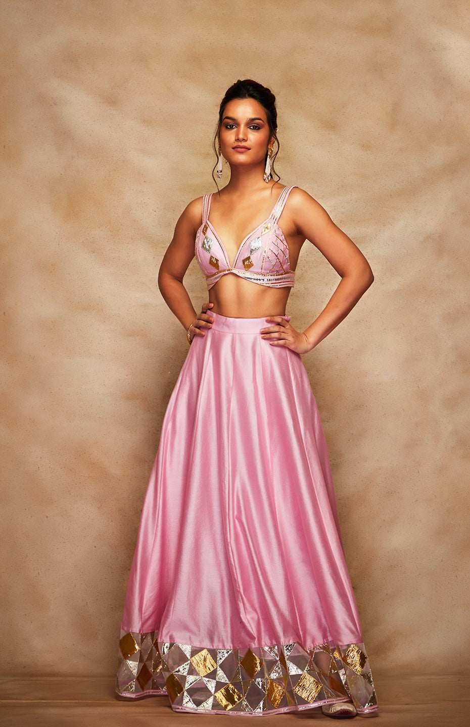 Pink Chanderi Silk Gota Ghaghara