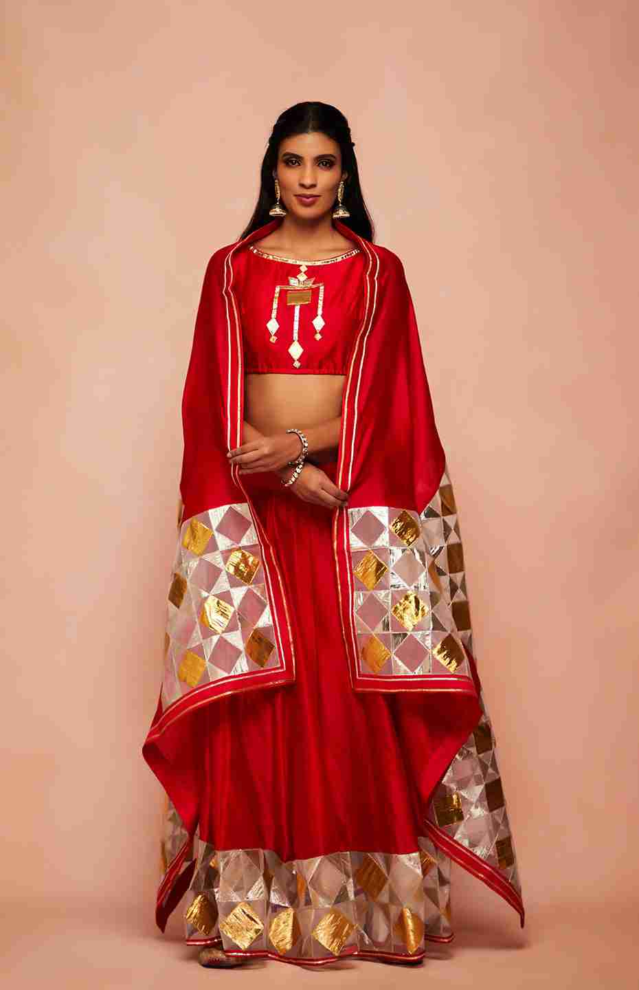 Red Chanderi Silk Gota Ghaghara