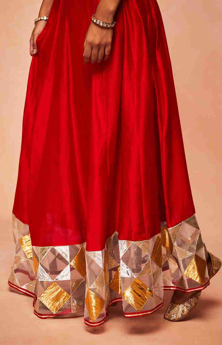 Red Chanderi Silk Gota Ghaghara