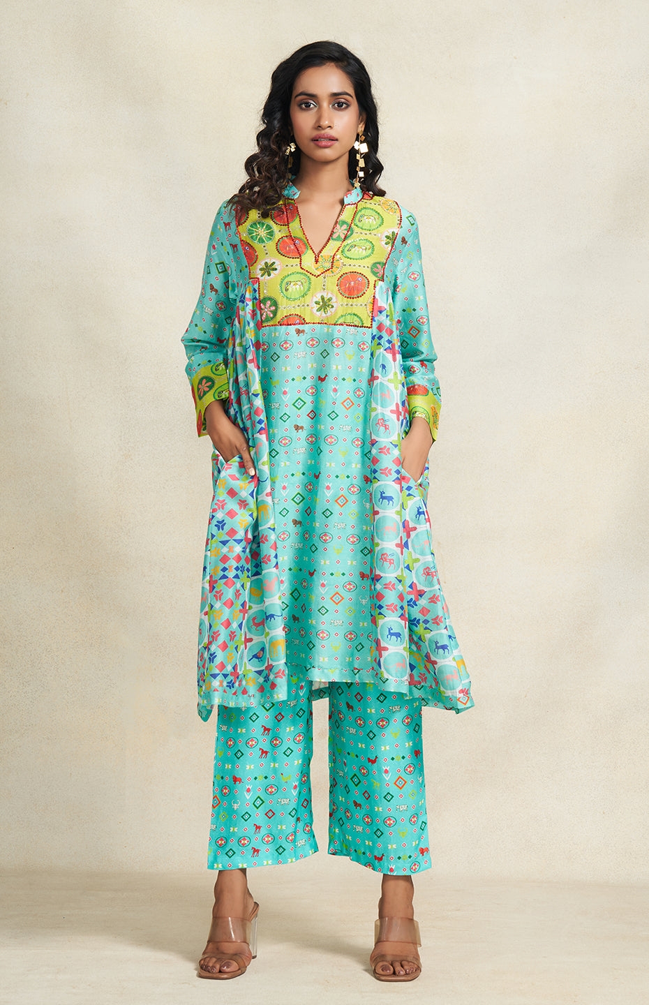 Turquoise Printed Chanderi Pant
