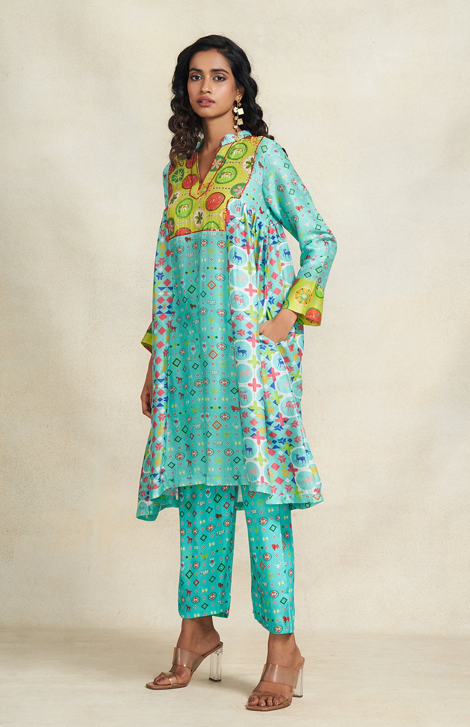 Turquoise Printed Chanderi Pant