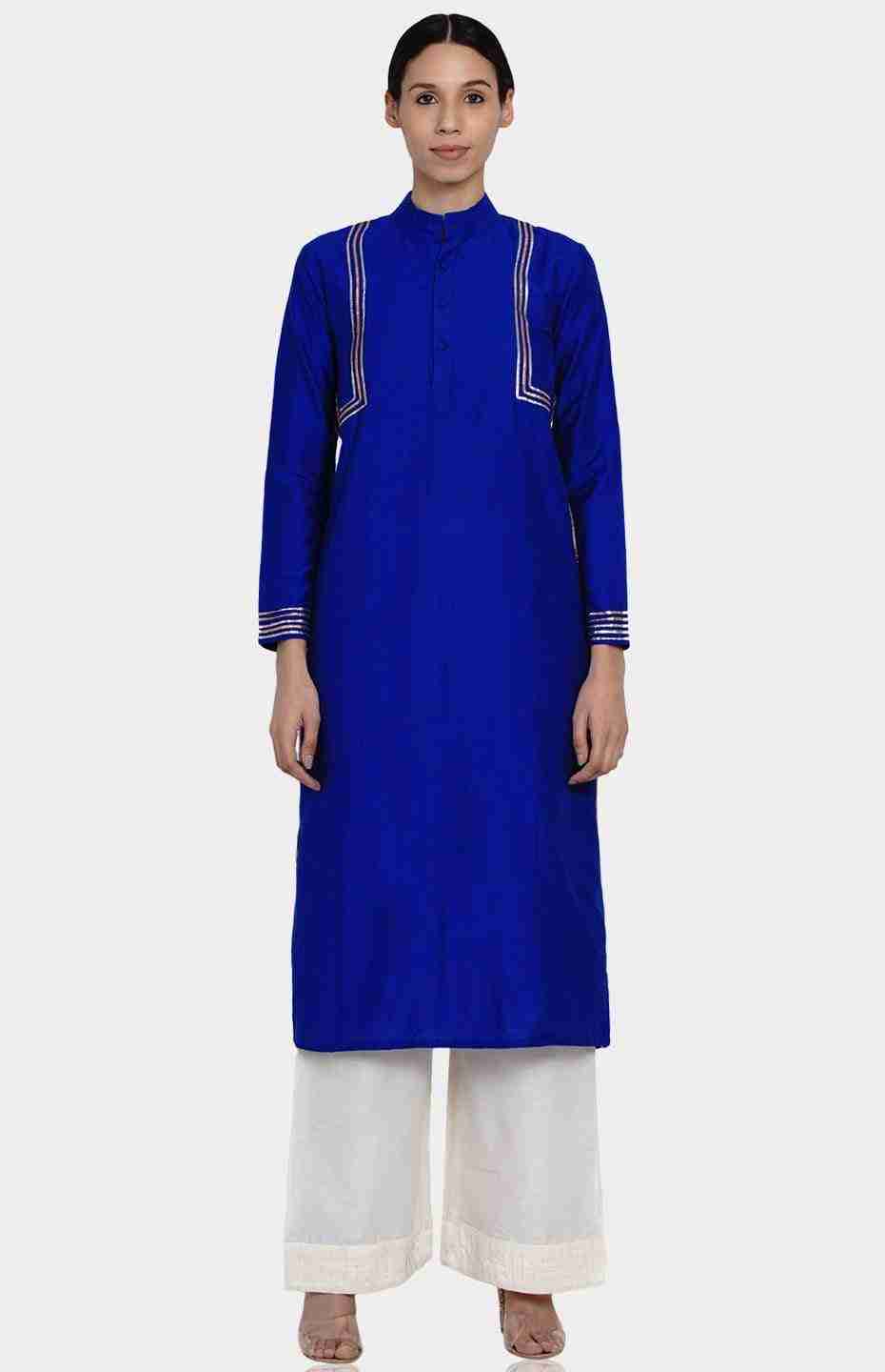 Blue Nehru Collar Kurta with Gota Detailing