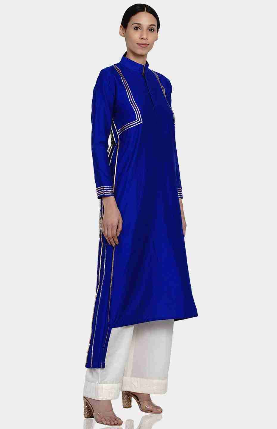 Blue Nehru Collar Kurta with Gota Detailing