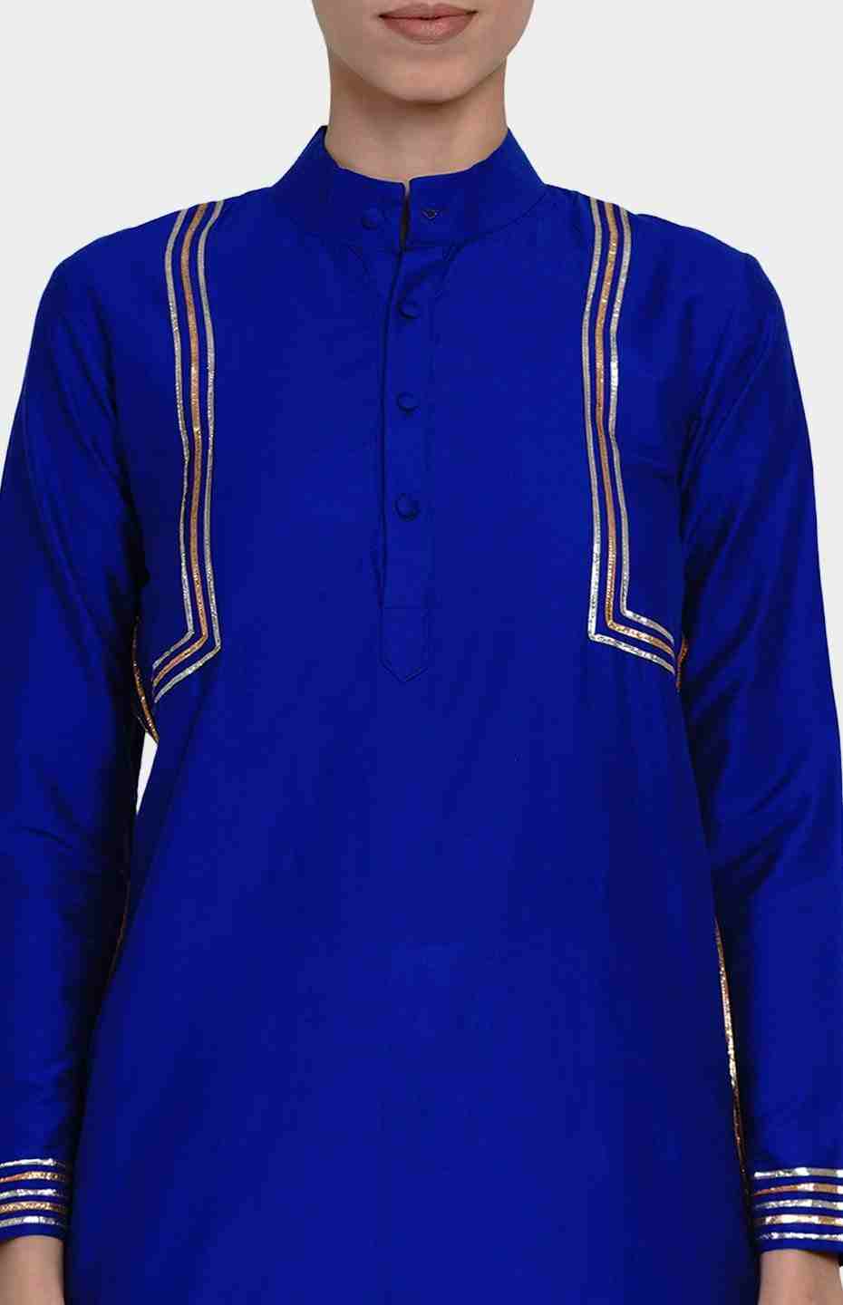 Blue Nehru Collar Kurta with Gota Detailing