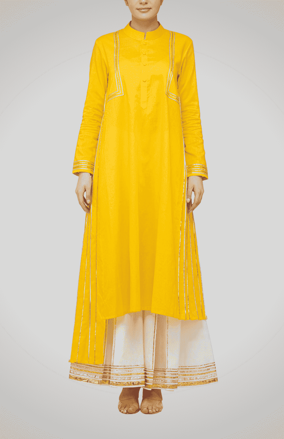 Yellow Nehru Collar Kurta with Gota Detailing