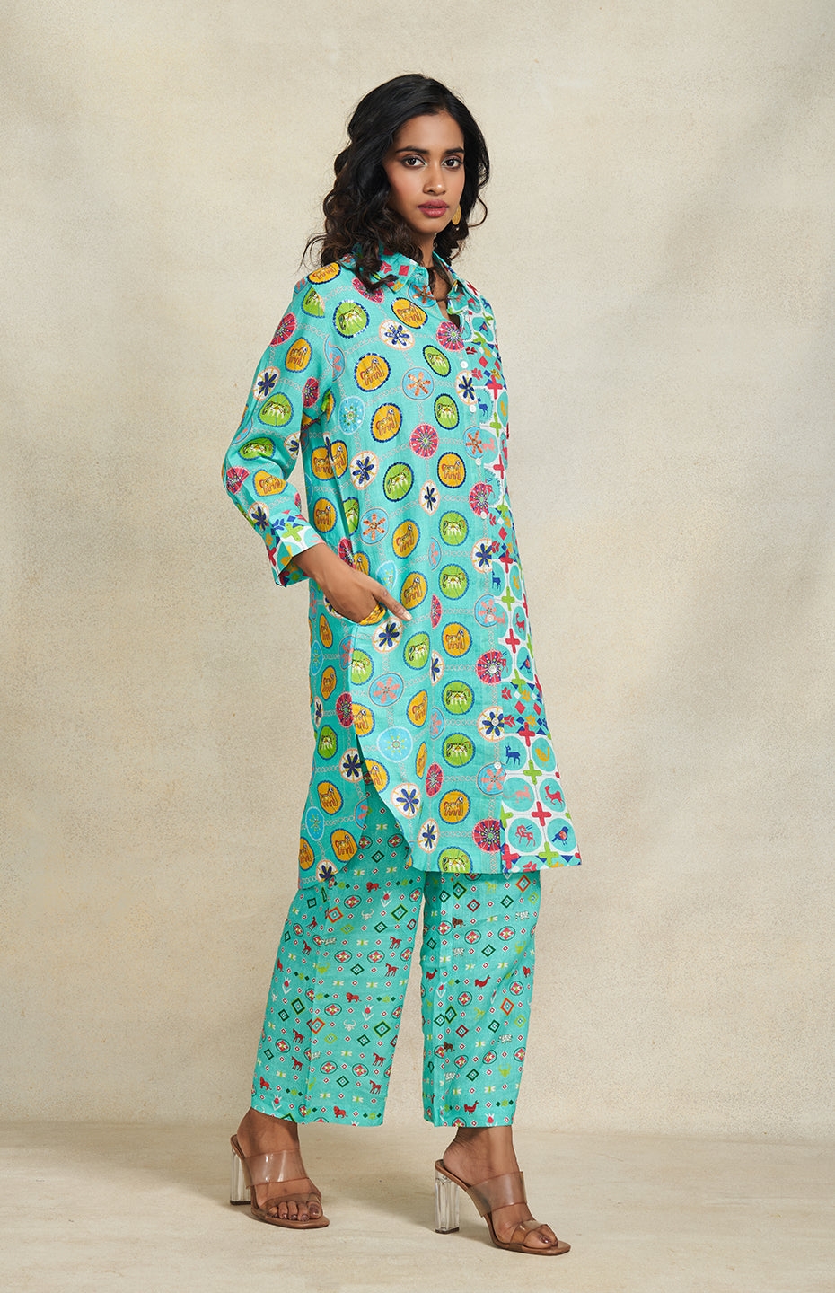 Turquoise Printed Linen Pant