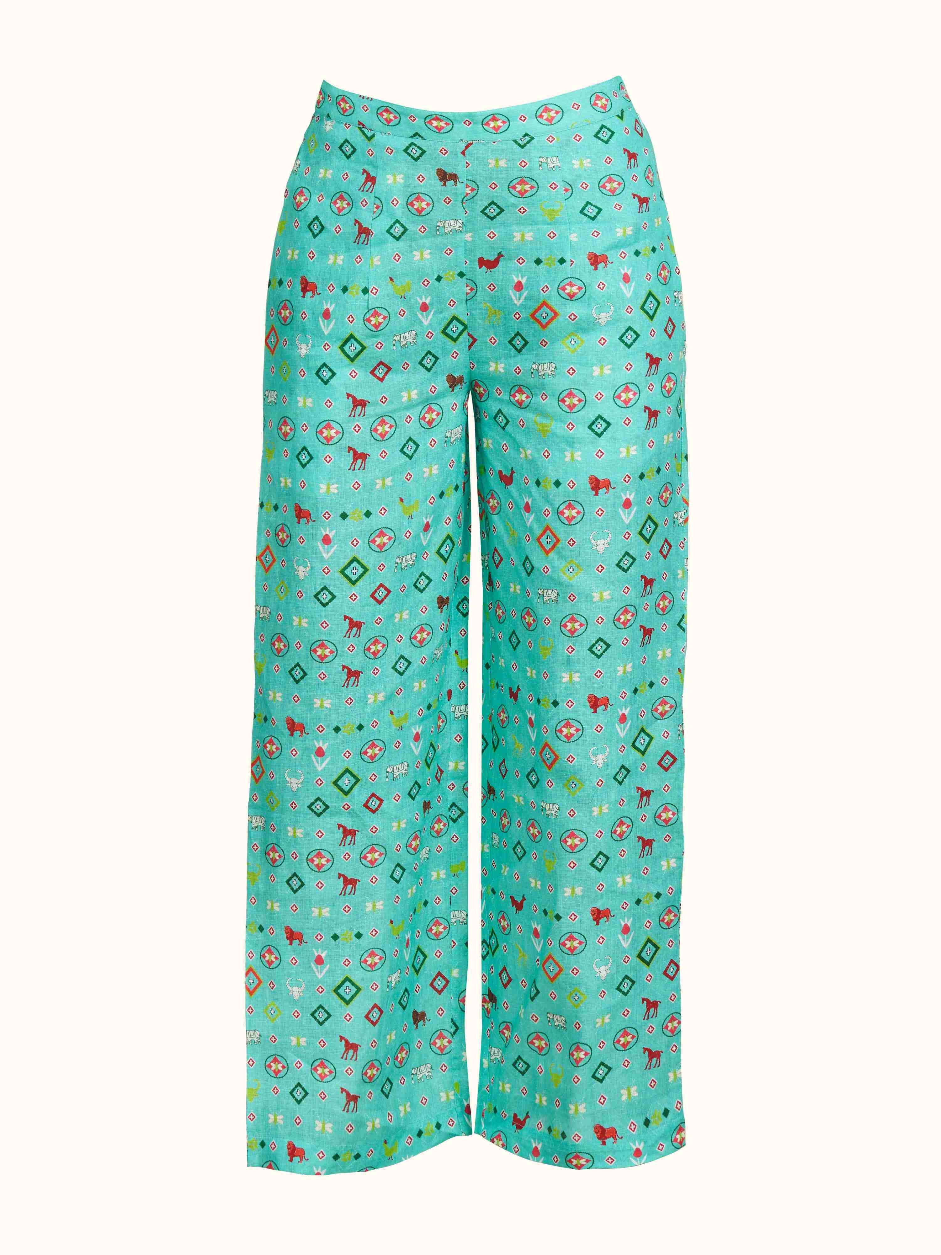 Turquoise Printed Linen Pant