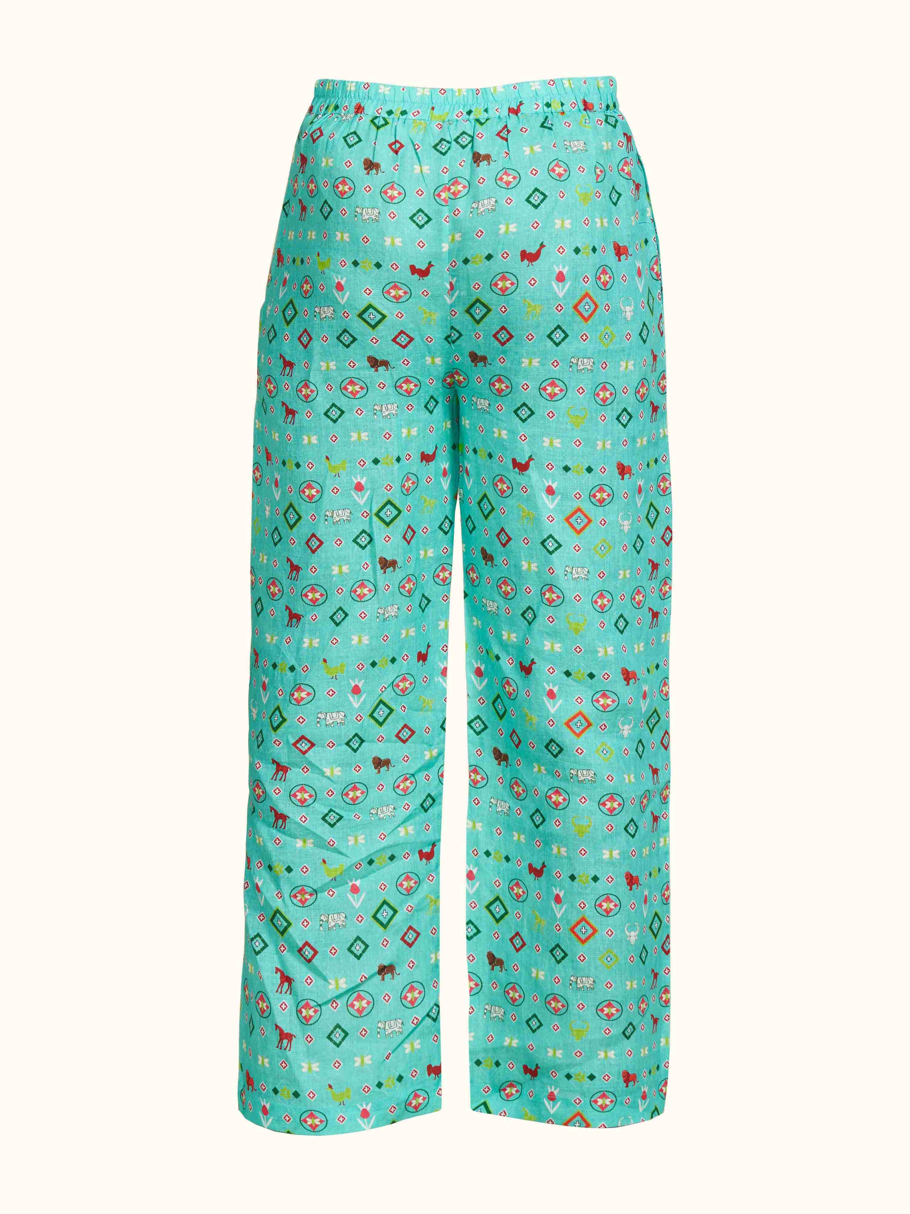 Turquoise Printed Linen Pant