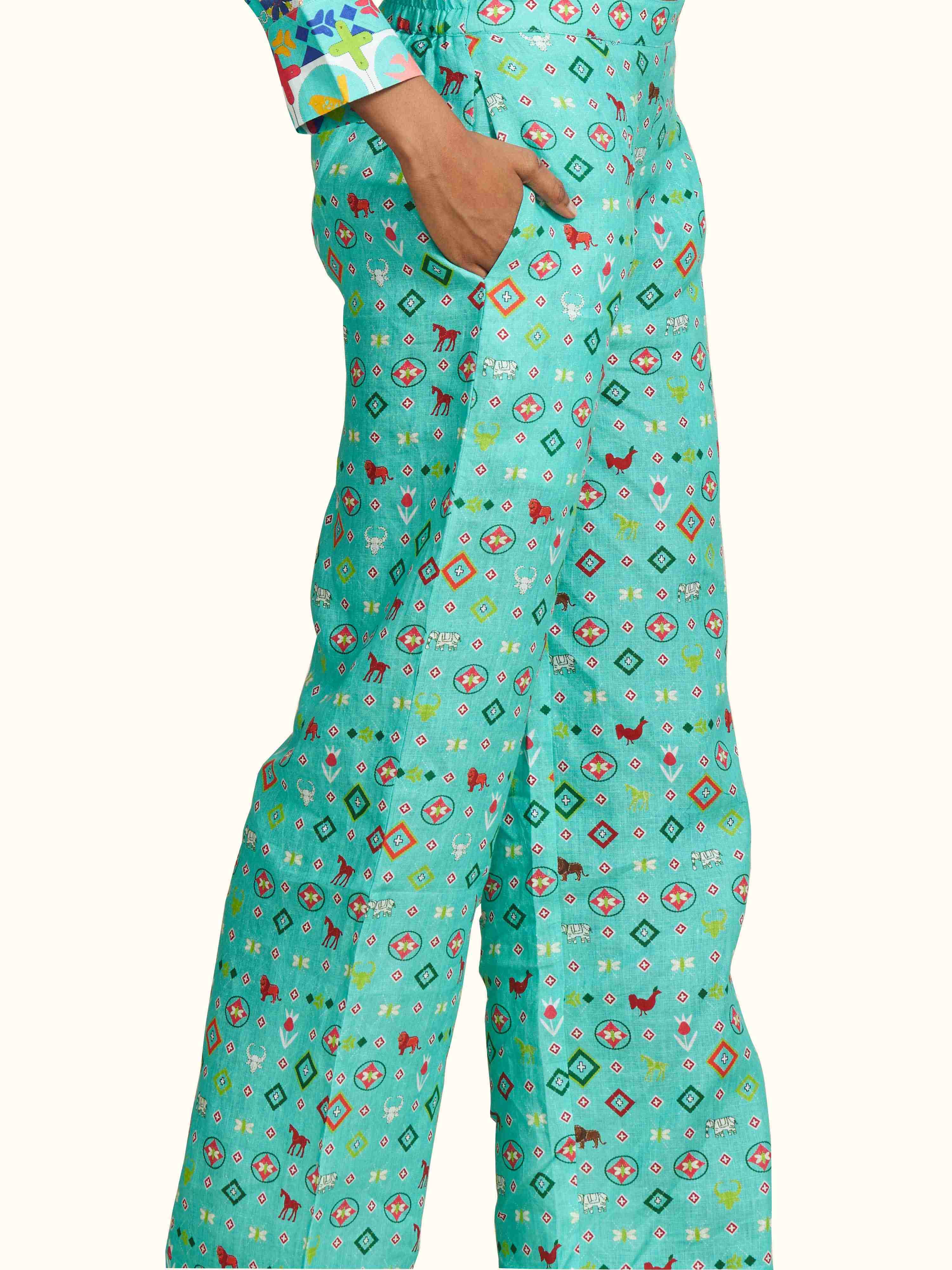 Turquoise Printed Linen Pant