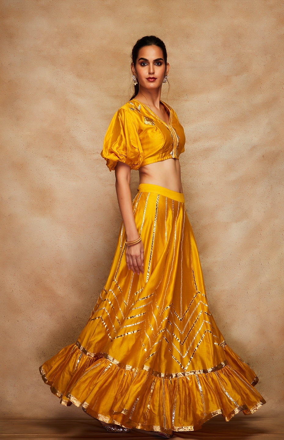 Mustard Chanderi Silk Gota Skirt