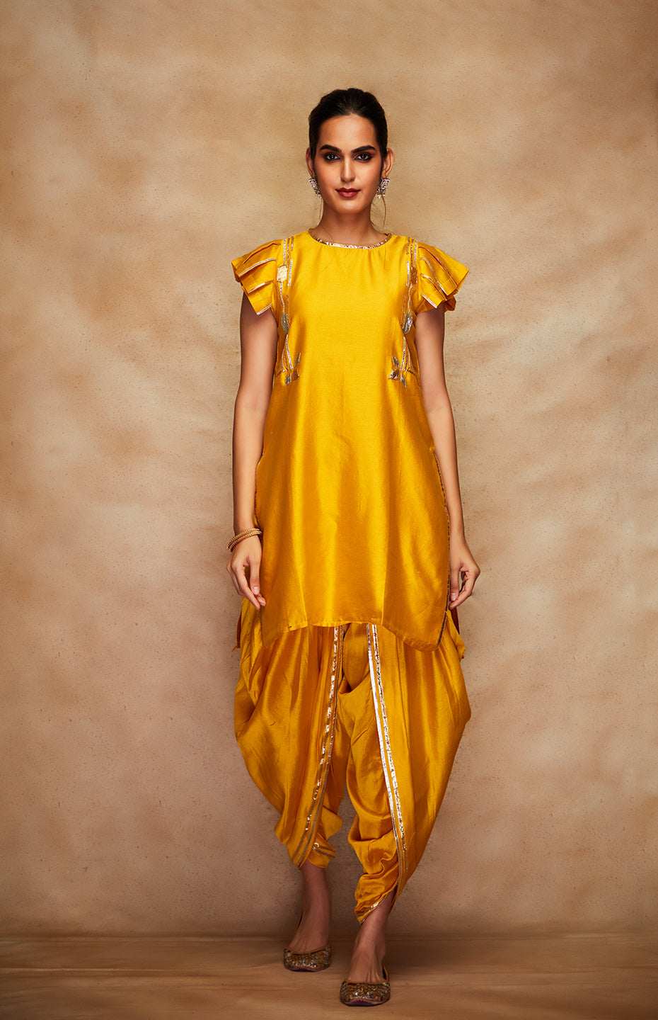 Mustard Chanderi Silk Gota Short Kurta