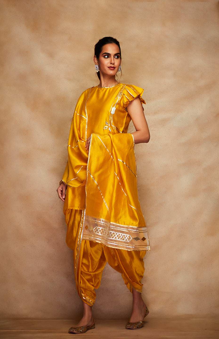 Mustard Chanderi Silk Gota Short Kurta