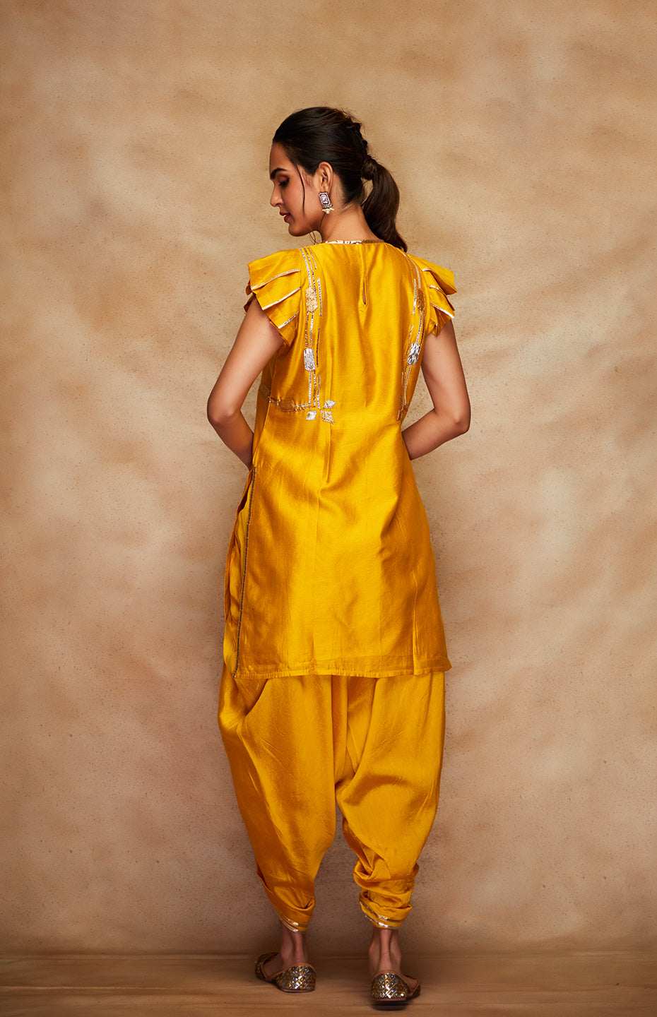 Mustard Chanderi Silk Gota Short Kurta