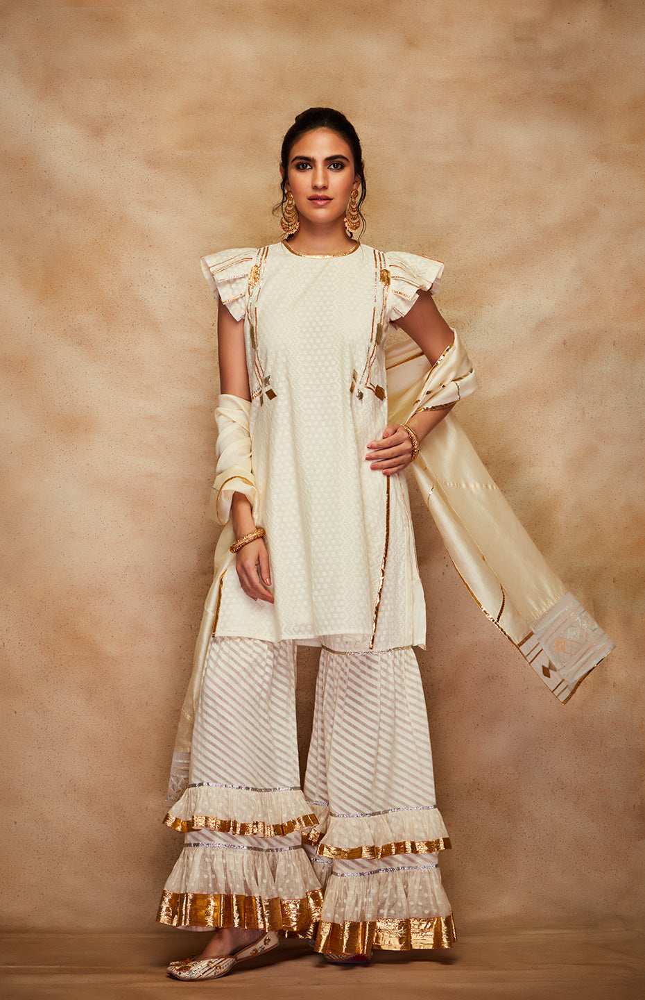 Off White Jamdani Gota Short Kurta