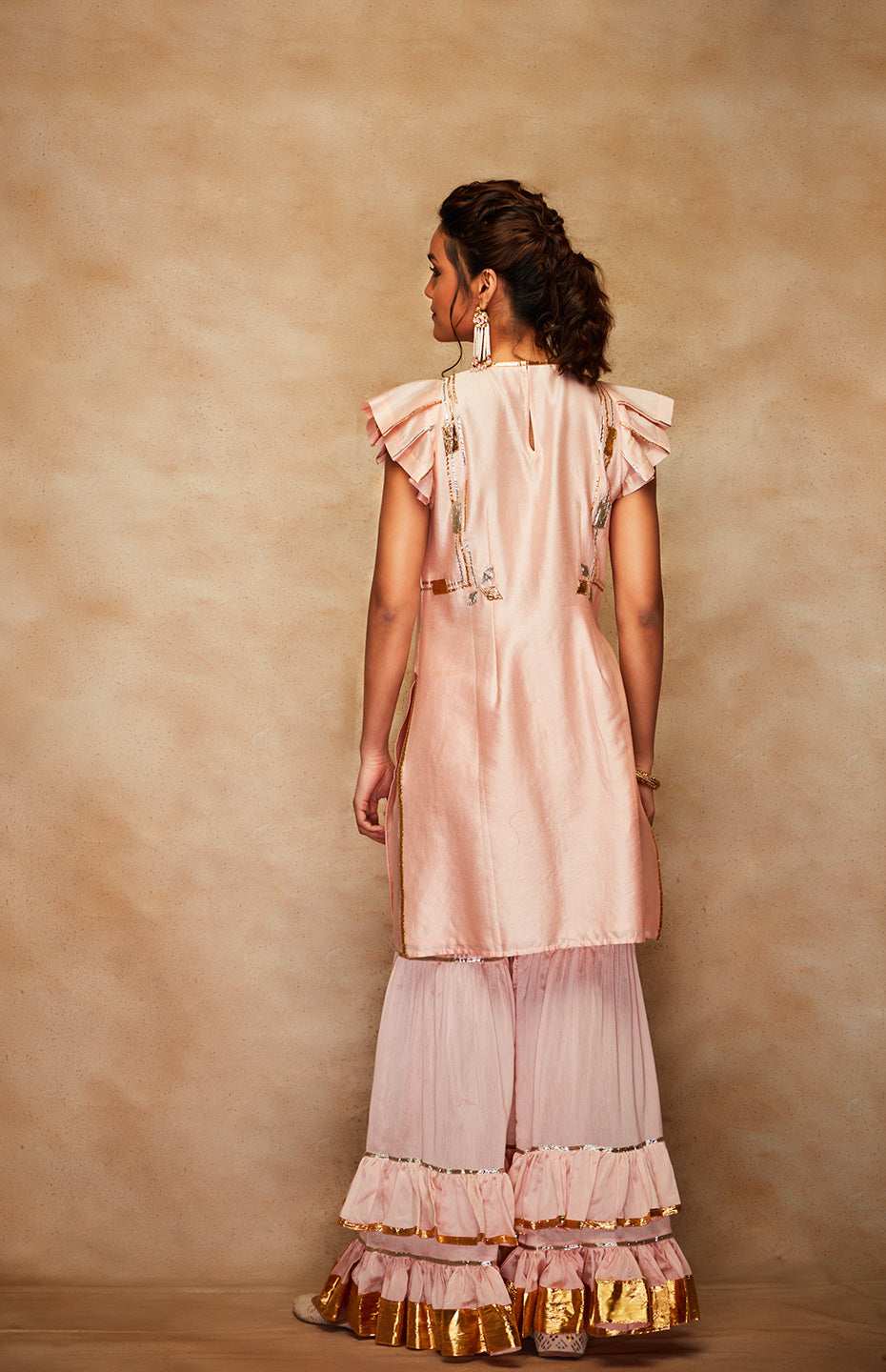 Peach Chanderi Silk Gota Short Kurta