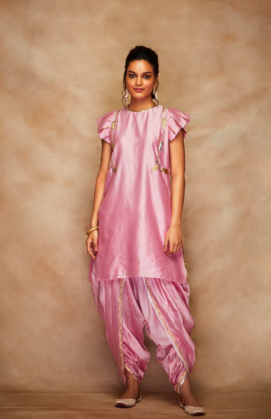 Pink Chanderi Silk Gota Short Kurta