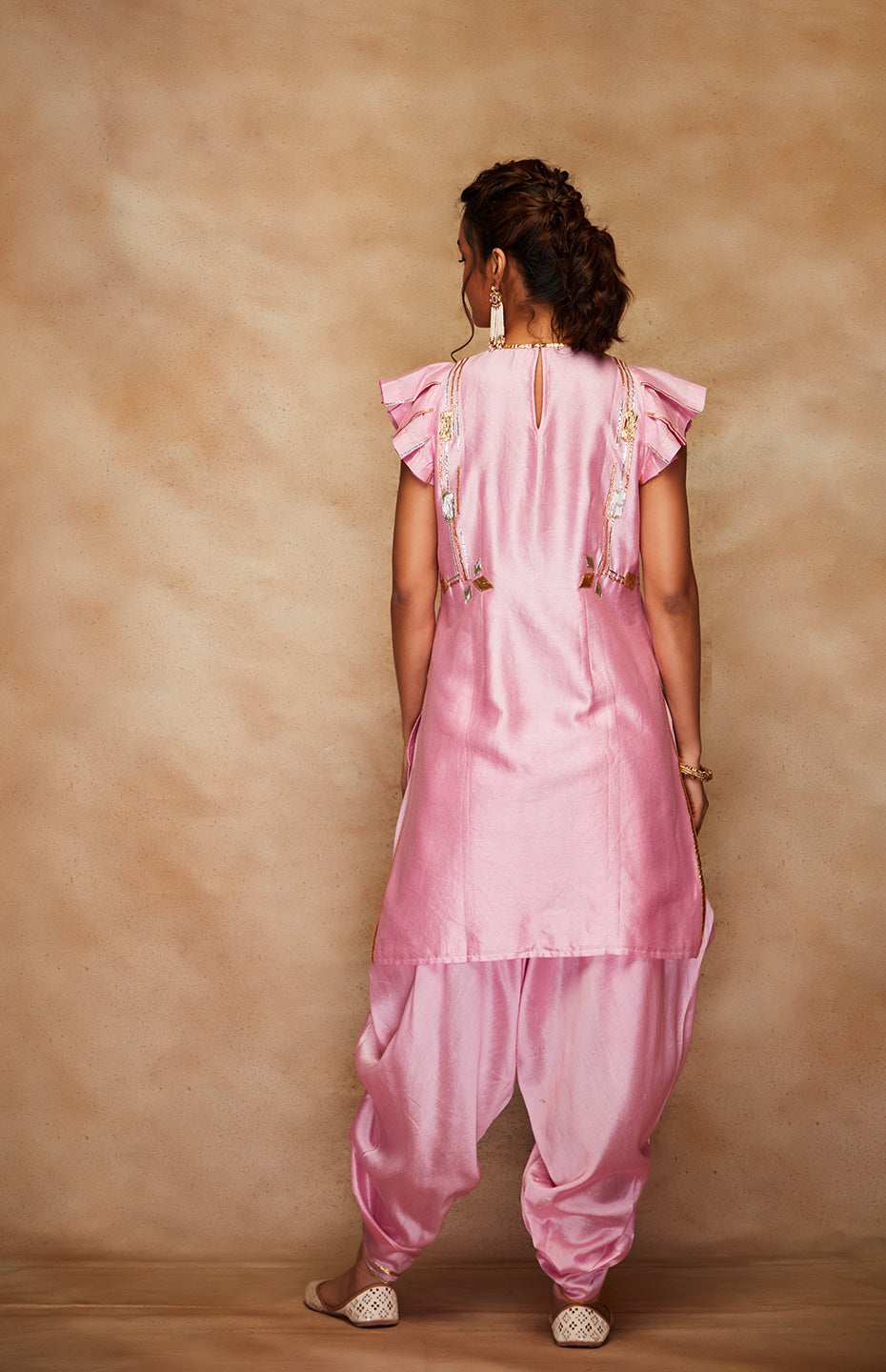 Pink Chanderi Silk Gota Short Kurta