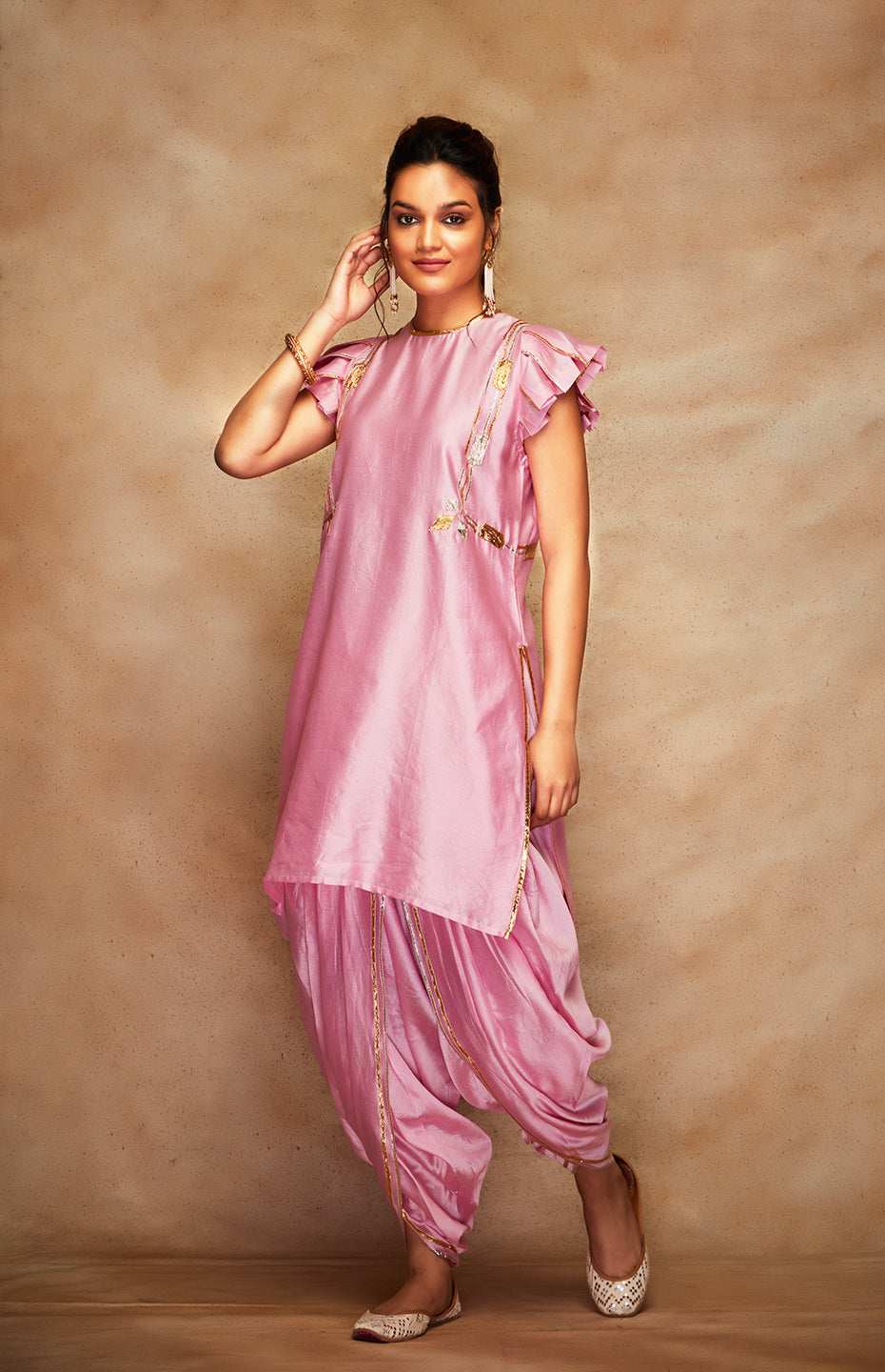 Pink Chanderi Silk Gota Short Kurta