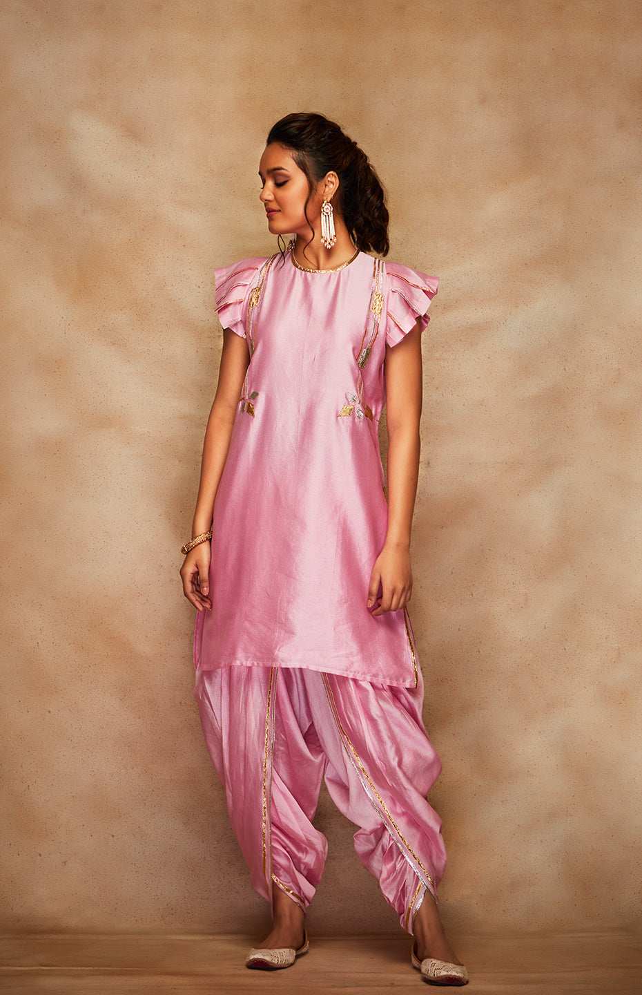 Pink Chanderi Silk Gota Short Kurta