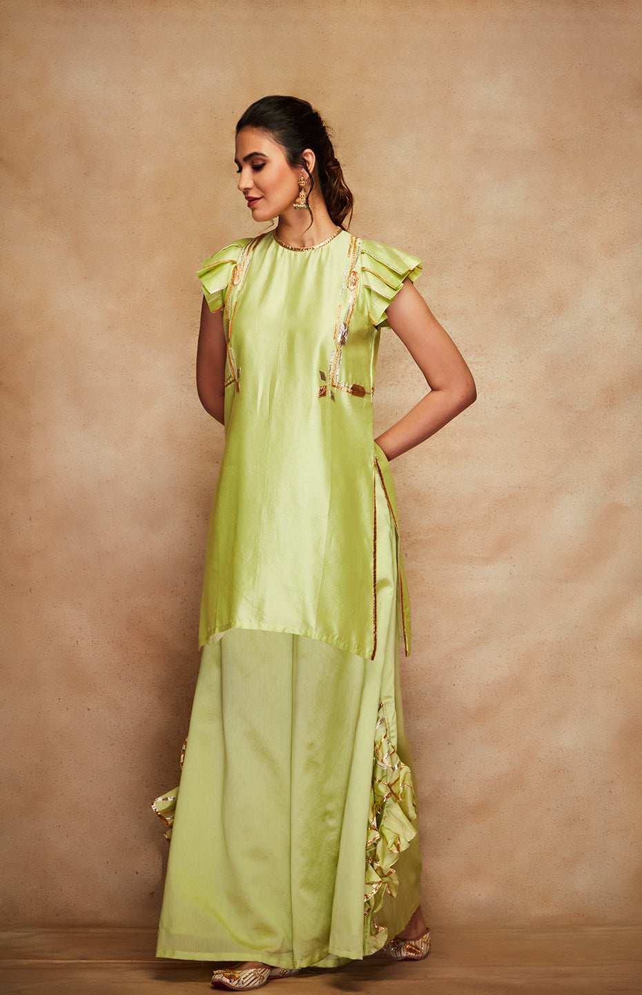 Pista Green Chanderi Silk Gota Short Kurta