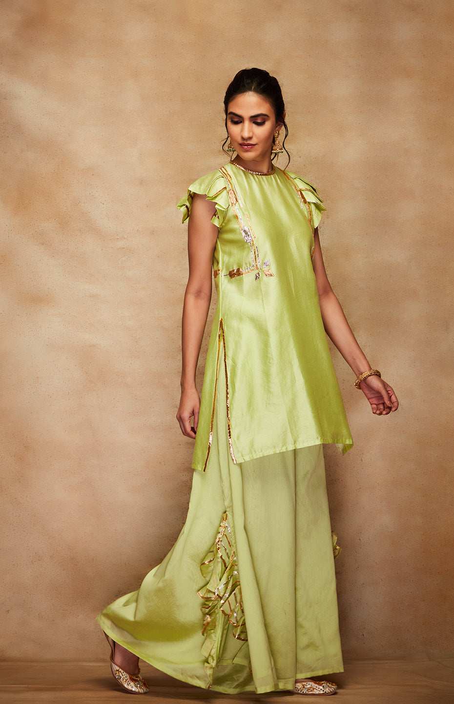 Pista Green Chanderi Silk Gota Short Kurta