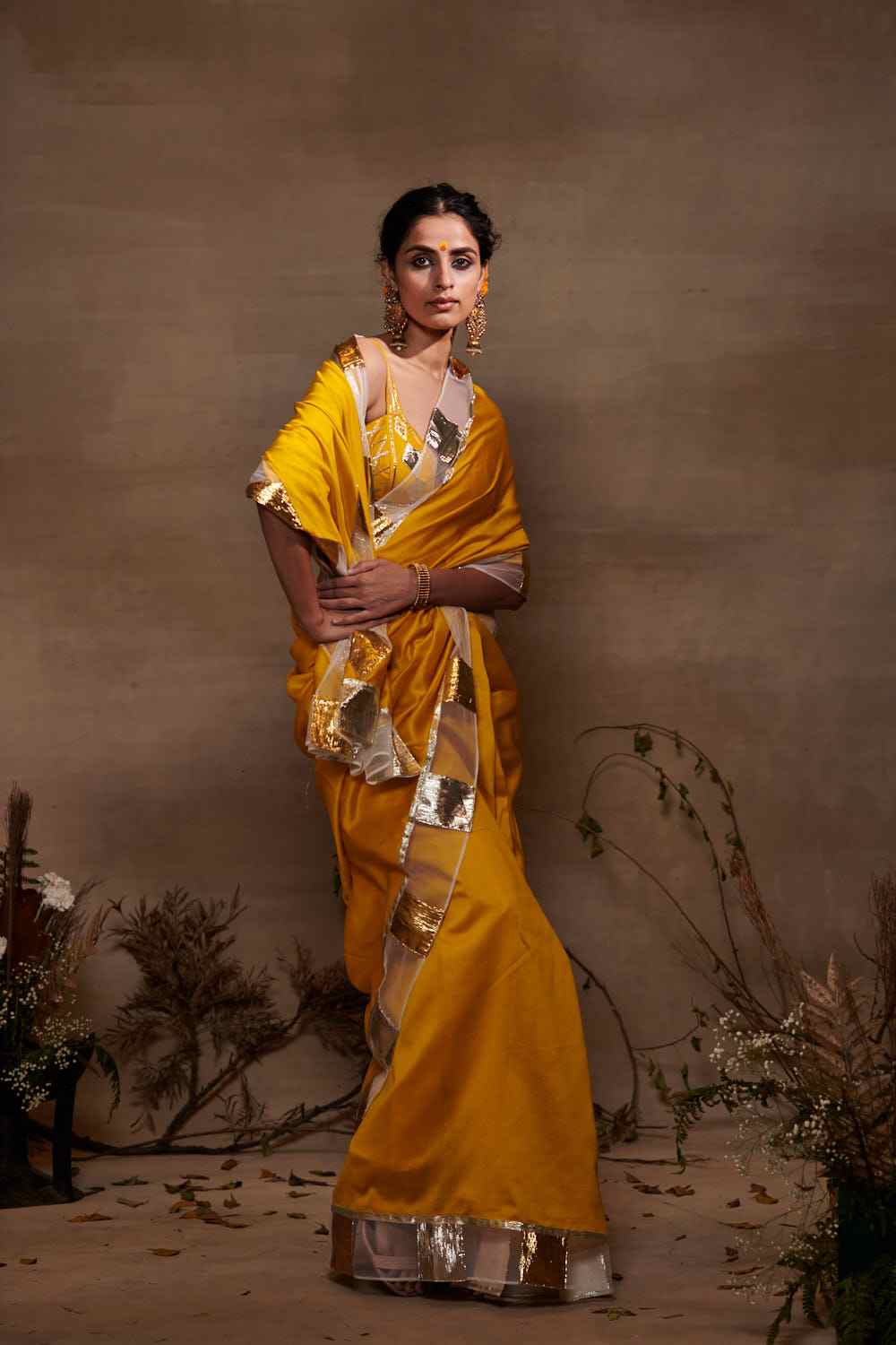 Mustard Chanderi Silk Gota Saree
