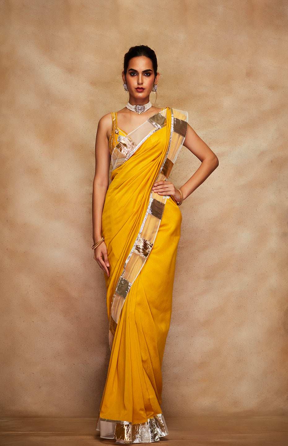 Mustard Chanderi Silk Gota Saree