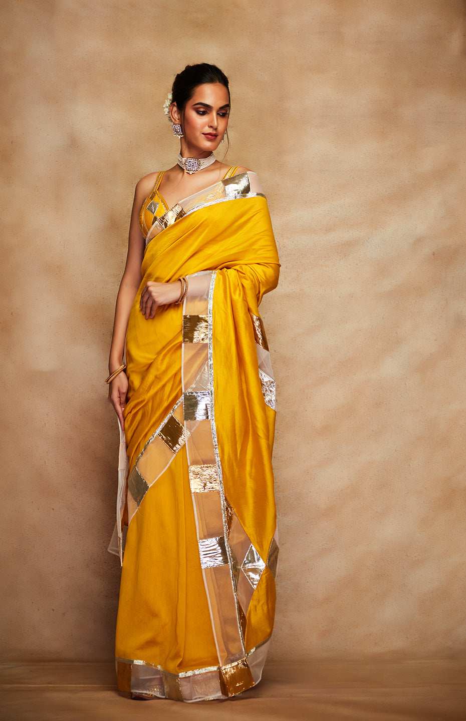 Mustard Chanderi Silk Gota Saree