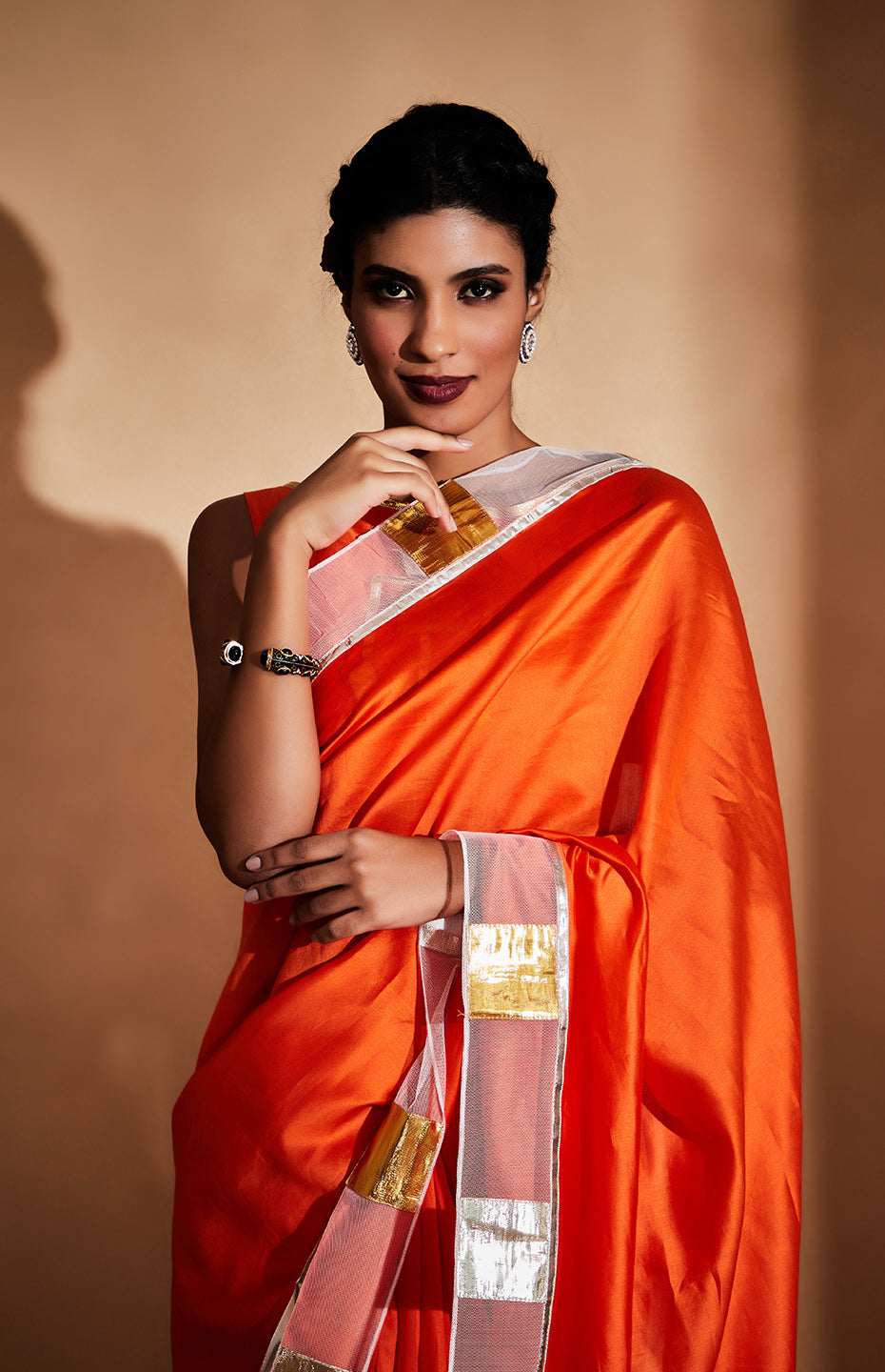 Orange Chanderi Silk Gota Saree