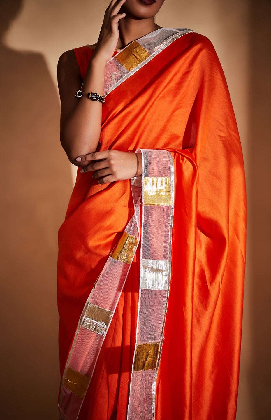 Orange Chanderi Silk Gota Saree