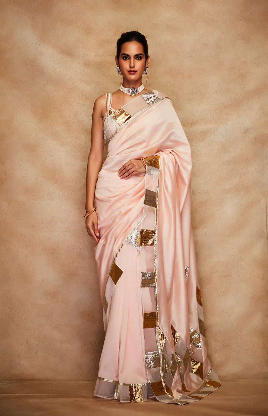 Peach Chanderi Silk Gota Saree
