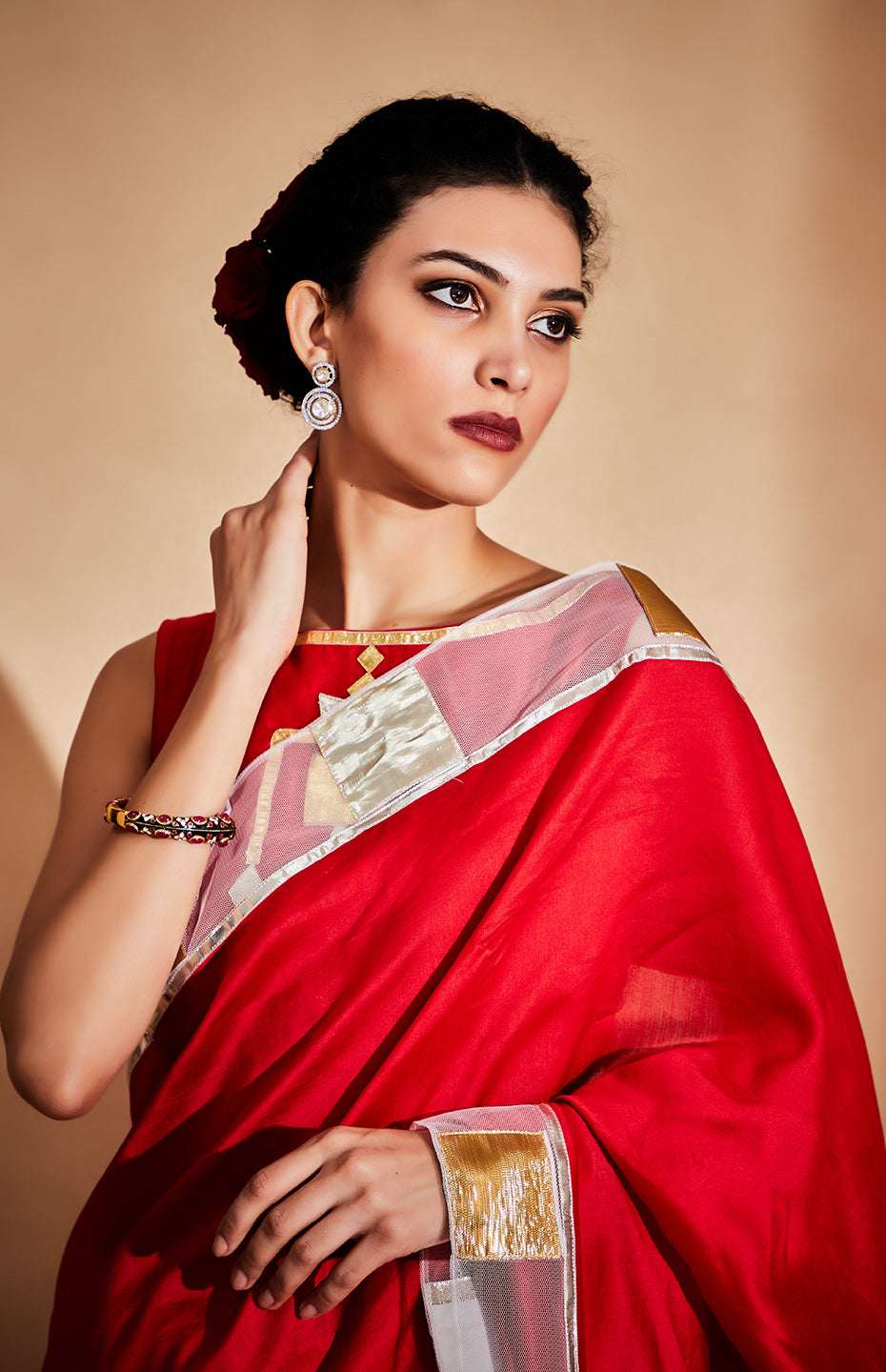 Red Chanderi Silk Gota Saree