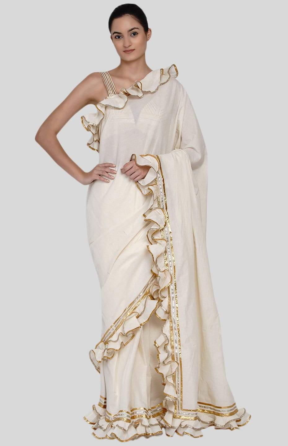 Off White Ruffle Saree
