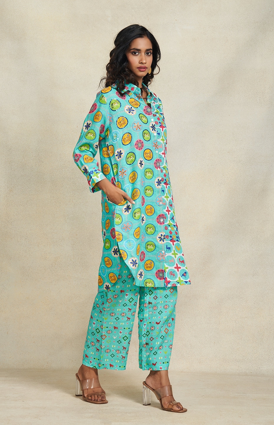 Turquoise Sequins Linen Shirt