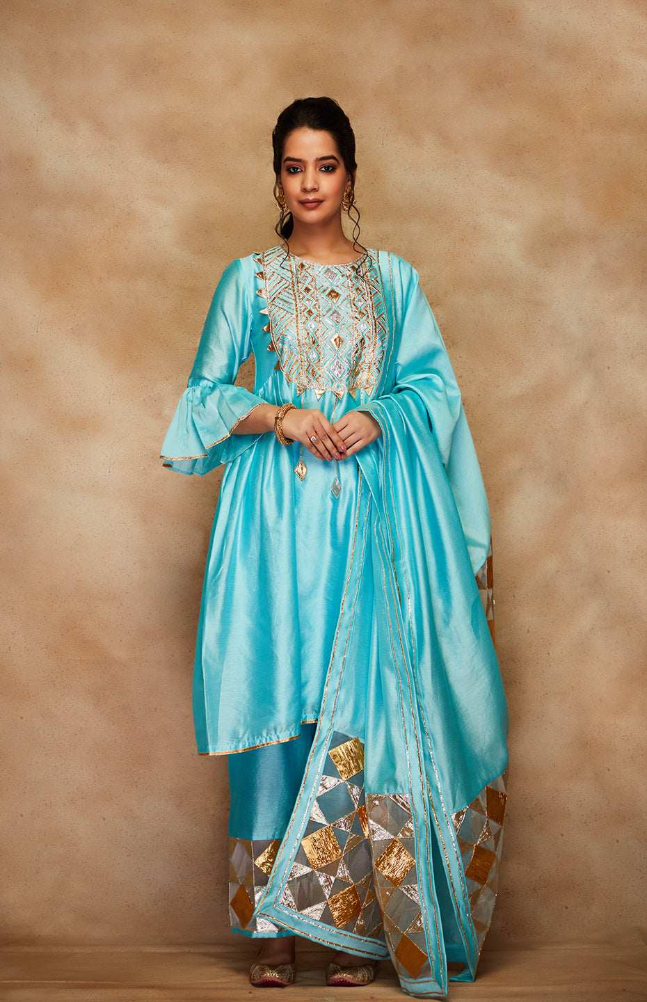 Blue Chanderi Silk Gota Kurta
