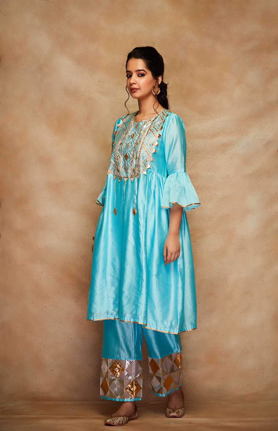 Blue Chanderi Silk Gota Kurta